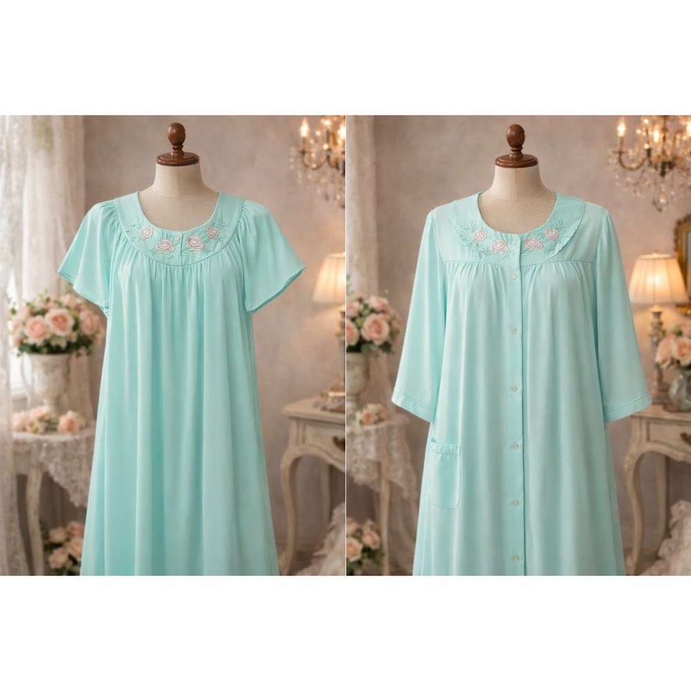 Shadowline Vintage Aqua Blue Floral Embroidered Nightgown and Robe Set Large
